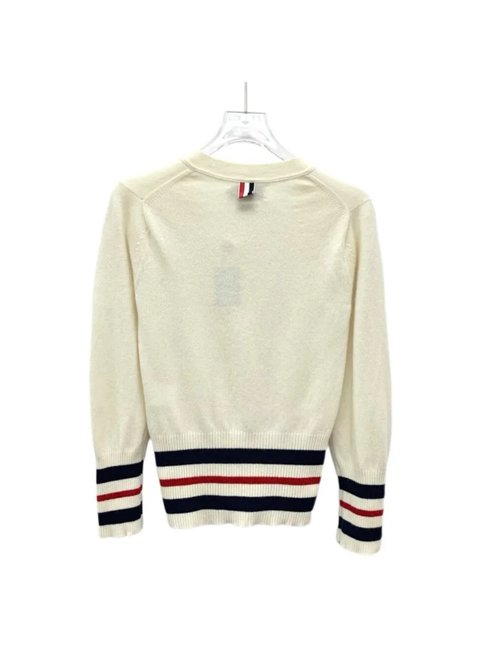 Thom Browne Beige Stripe Cotton V-Neck Cardigan - Picture 2 of 7